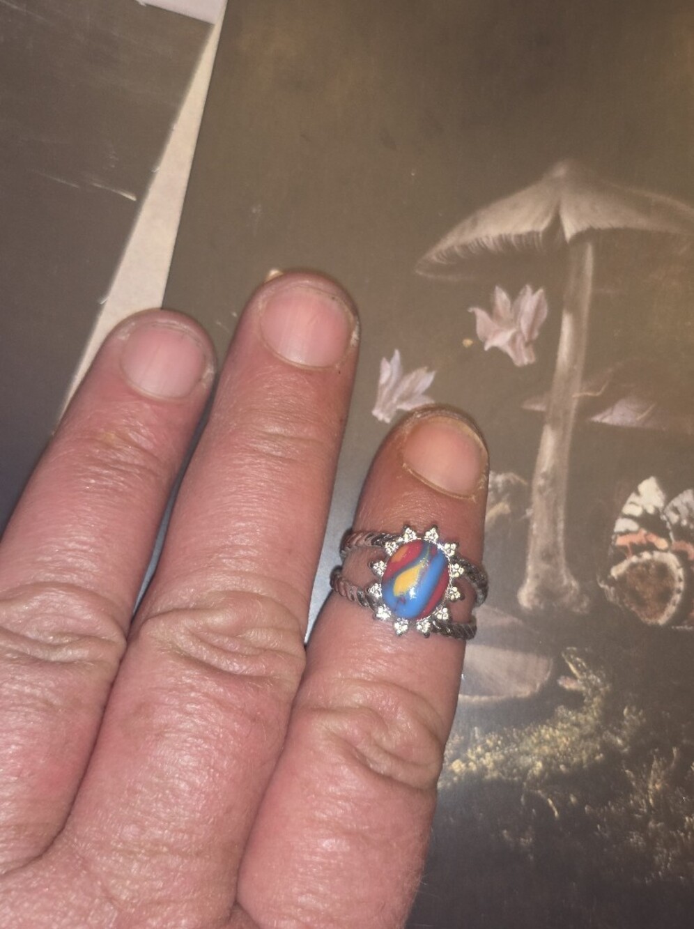 Mosaic Jasper? Colorful Gemstone In An Adjustable Ring With Rhinestones